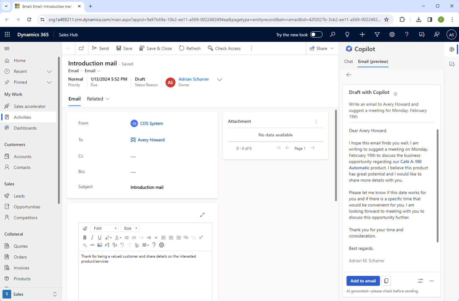 Dynamics 365 Copilot: Email Assistant Screenshot