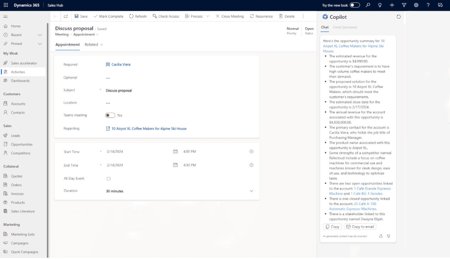 Dynamics 365 Copilot:  Meeting Preparation Notes Screenshot