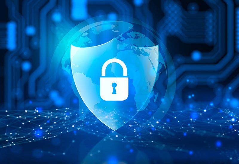 Data Security Padlock on Shield Over Globe