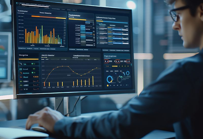 data analyst in front of enterprise data science dashboard with analytics for decision making