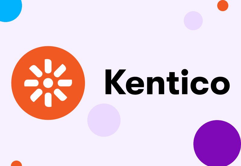 Kentico Logo on light purple background with purple blue and orange circles