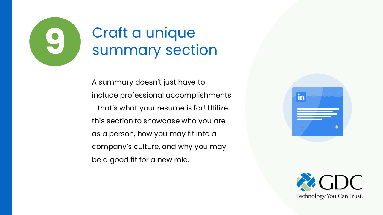 Craft a unique summary section