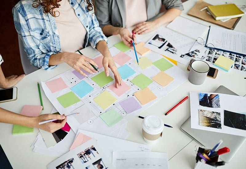 Team of people project planning with sticky notes 