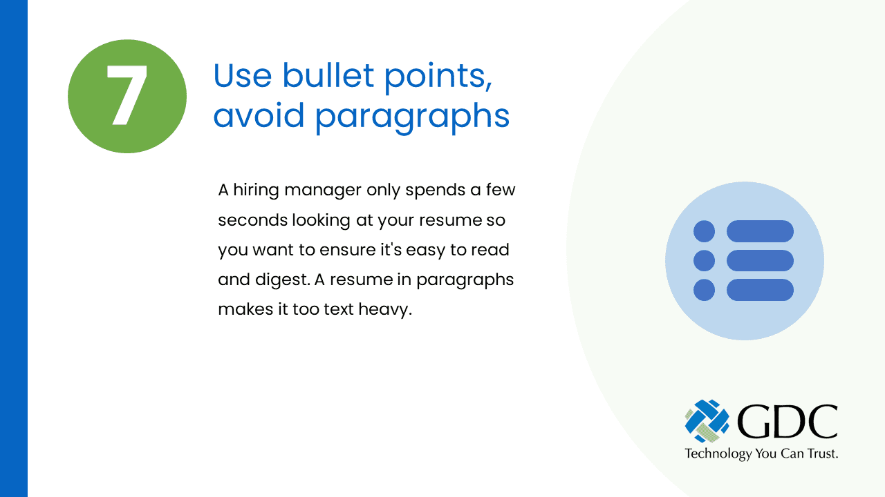 Use bullet points, avoid paragraphs
