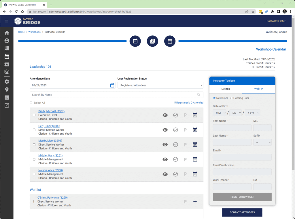 Enterprise Management System Workshop Calendar Screen