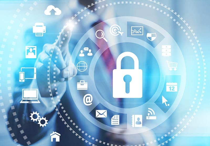 IT security assessment padlock circular overlay with icons